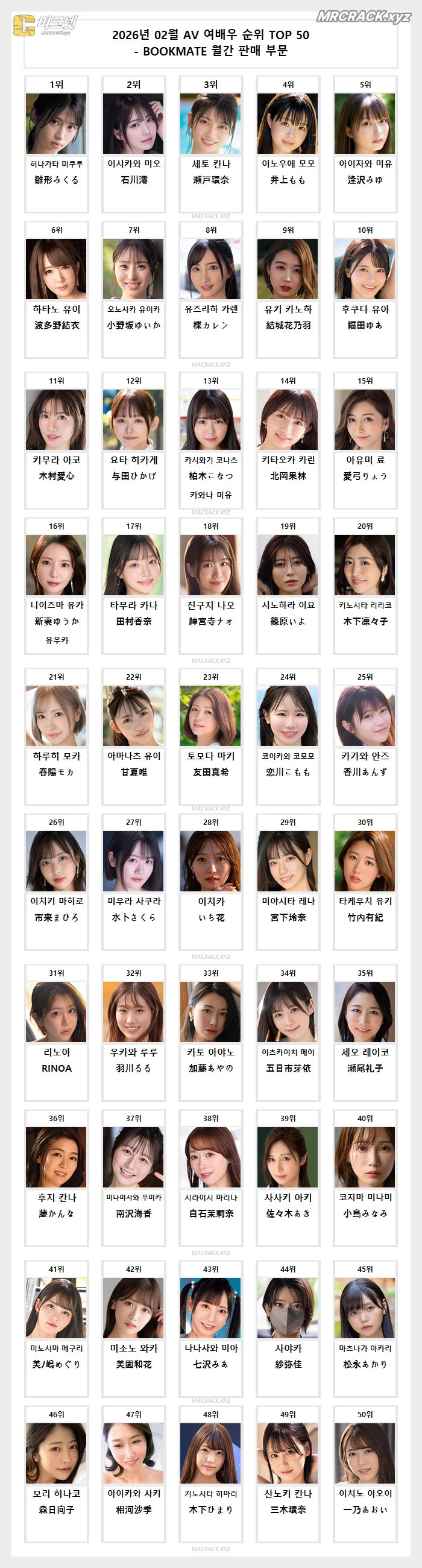 2026년 02월 AV 여배우 순위 TOP 50 - BOOKMATE 월간 판매 부문 - 2