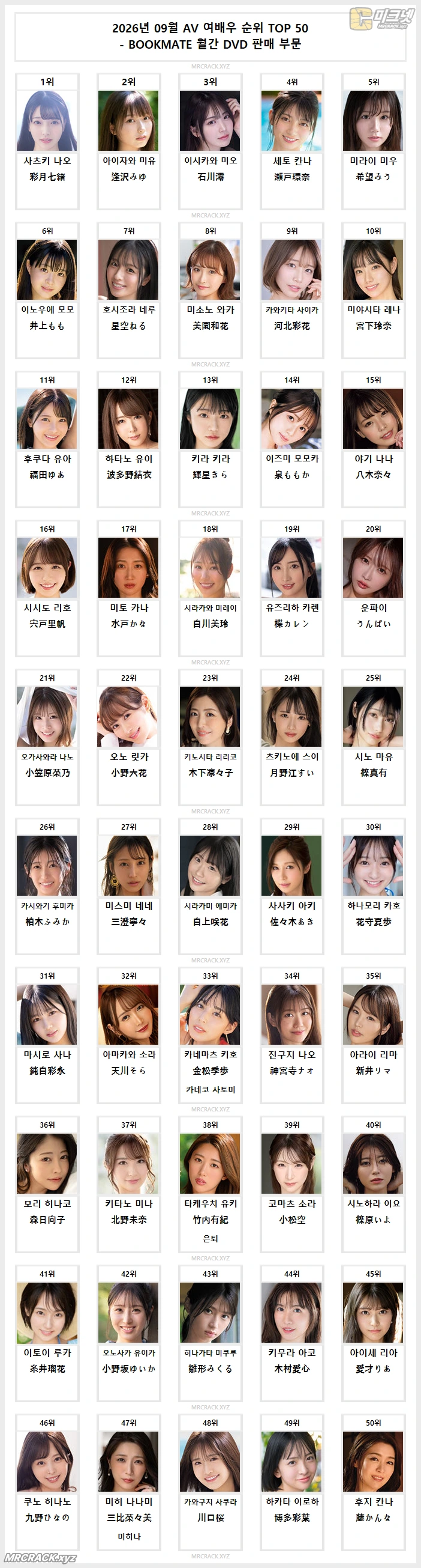 2026년 09월 AV 여배우 순위 TOP 50 - BOOKMATE 월간 DVD 판매 부문 - 1 2026년 09월 AV 여배우 순위 TOP 50 - BOOKMATE 월간 DVD 판매 부문 - 1